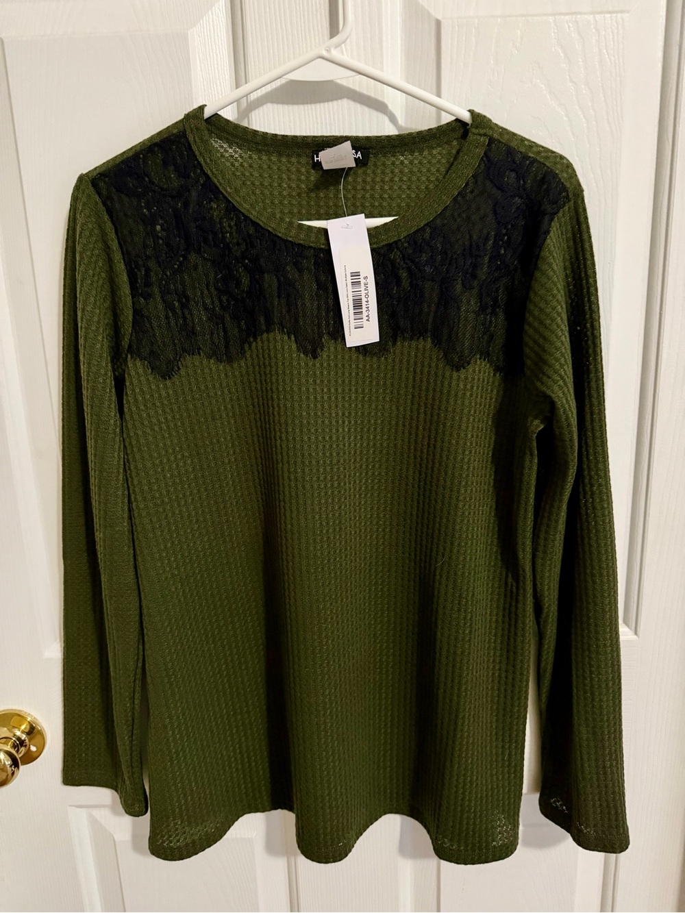 NWT Heimish Olive Green Lace Yoke Long Sleeve Top